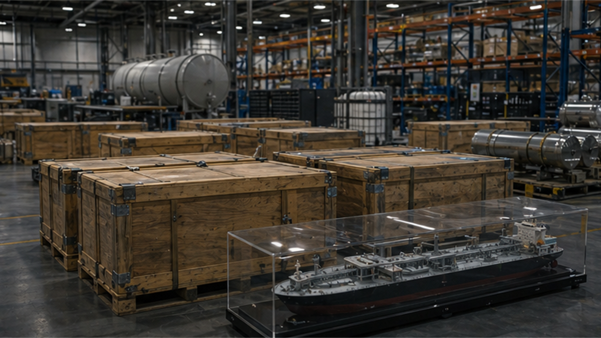 Maritime logistics warehouse with sealed crates and tanker model