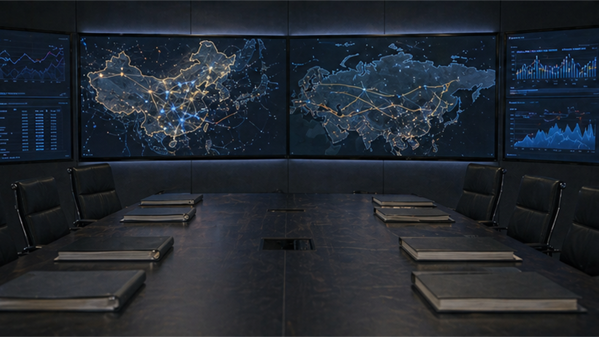 Economic security room with abstract route screens and closed binders