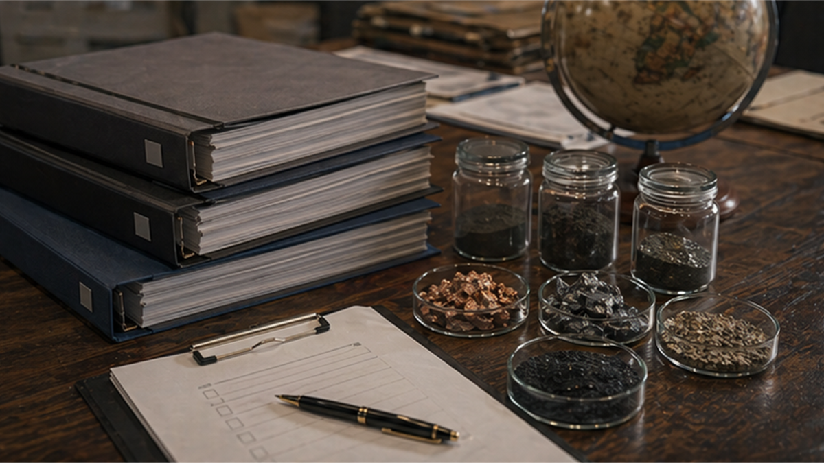 Rulemaking desk with compliance binders, mineral samples, and blank checklist