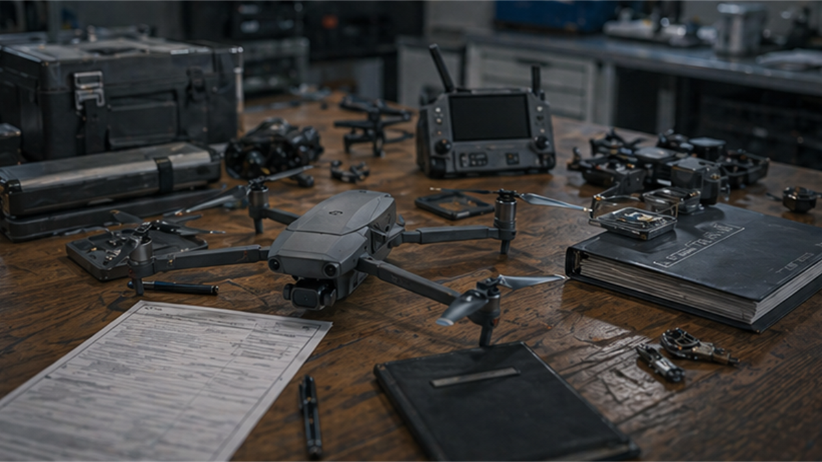 Drone implementation workshop with generic drones, spare parts, and closed manuals