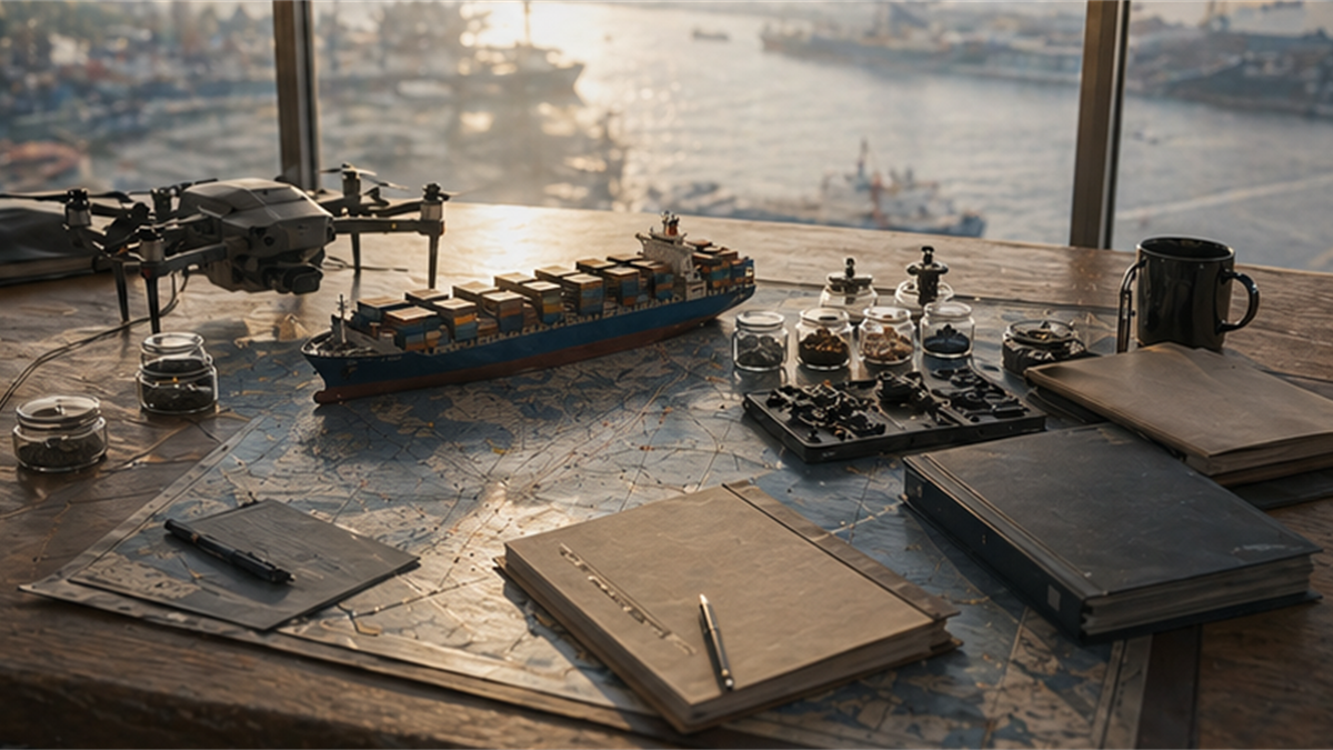 Japanese risk board desk with mineral samples, cargo ship model, drone parts, and blank folders