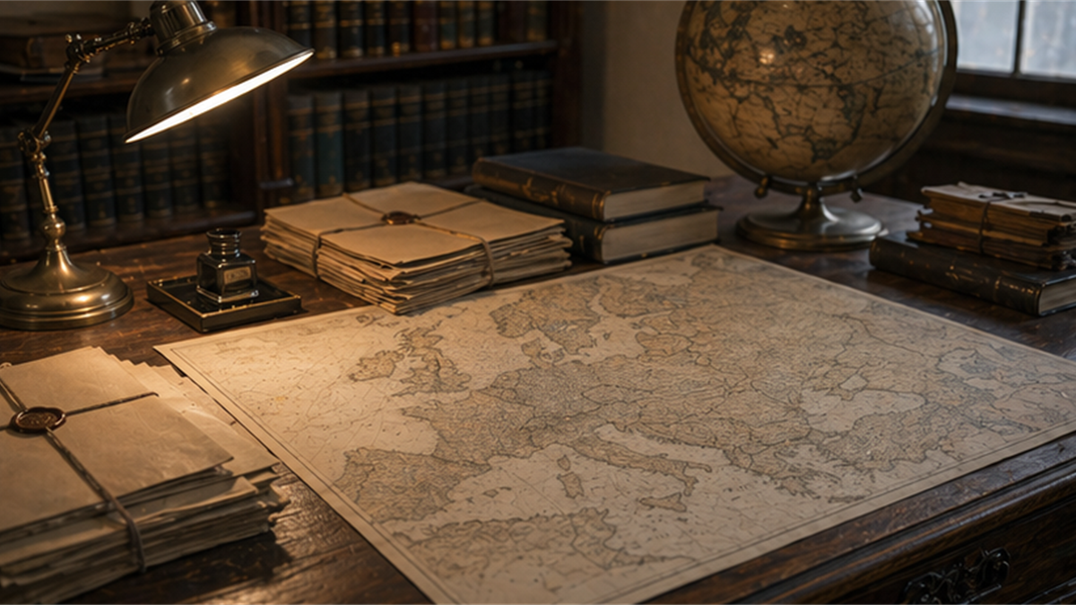 Archival desk with an unlabeled Europe map, sealed folders, a globe, and a brass lamp