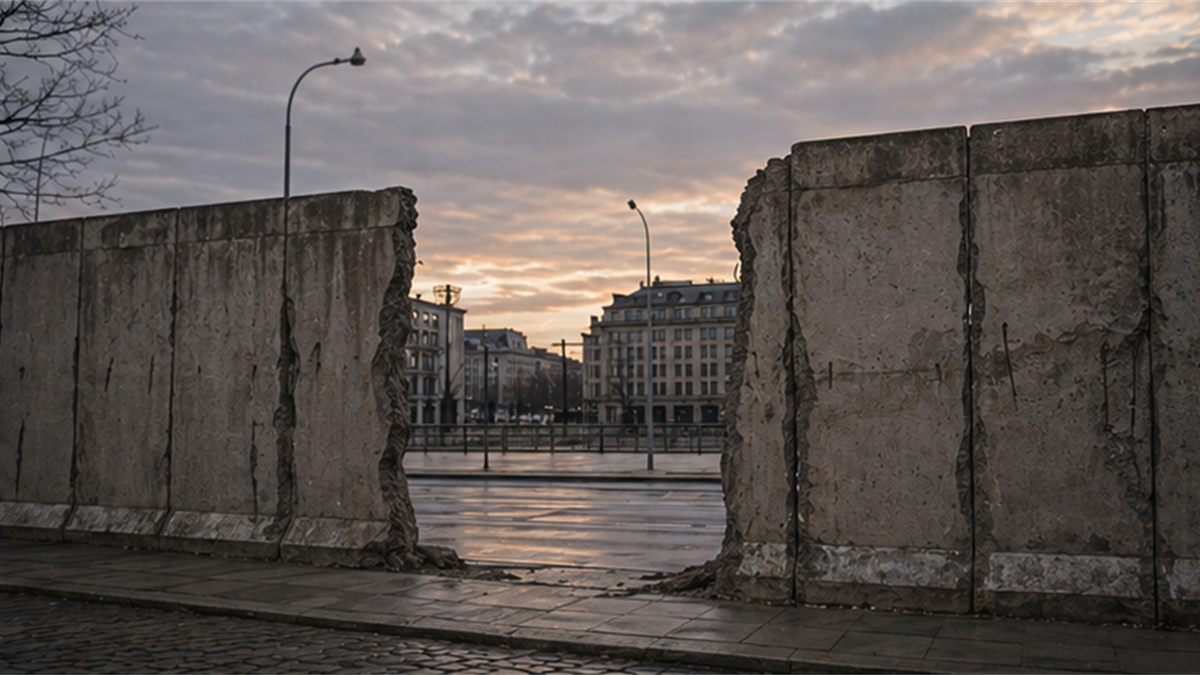 Quiet Berlin street corner with a plain broken concrete wall segment at dusk