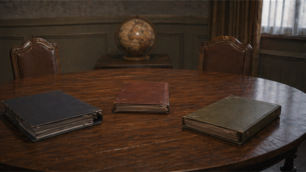 Empty diplomatic room with three closed folders placed apart around a round table