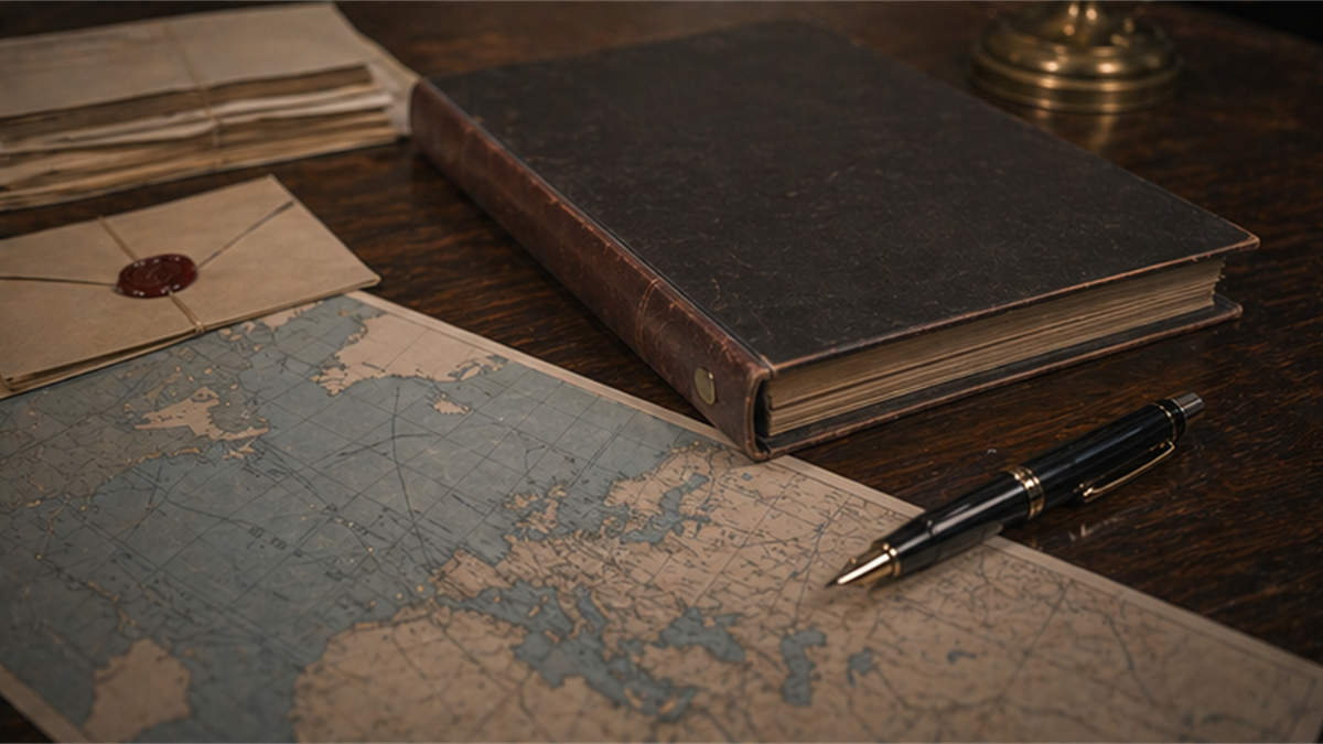 Formal agreement desk with a sealed folder, unlabeled Atlantic-Europe chart, and fountain pen
