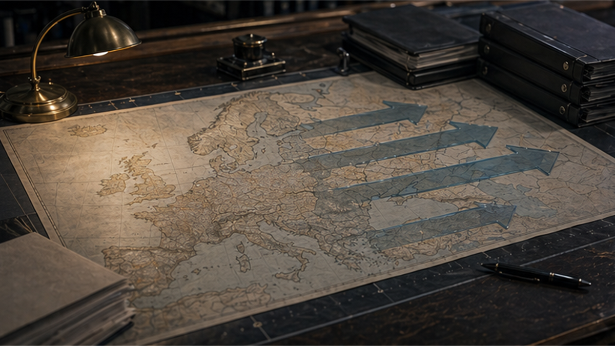 Unlabeled Europe map desk with transparent east-facing arrows and closed folders