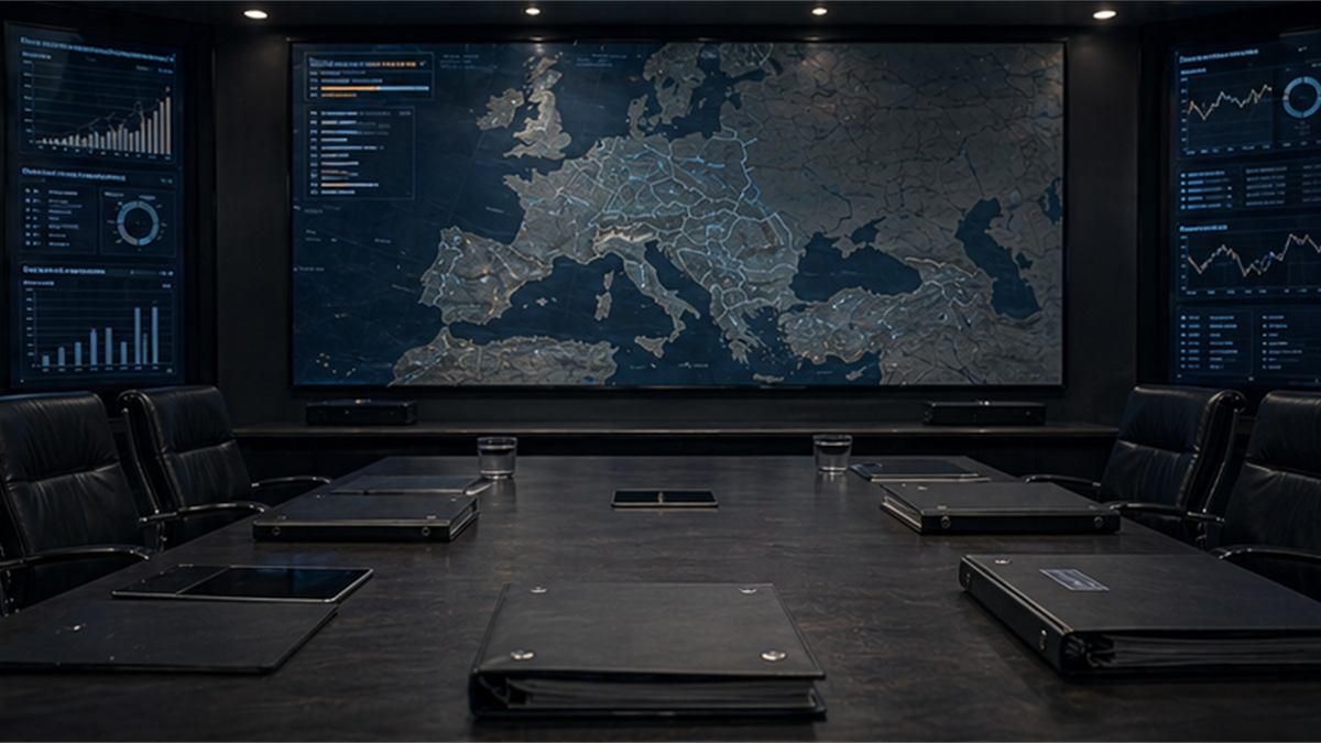 Empty security coordination room with closed binders, muted screens, and a large unlabeled map