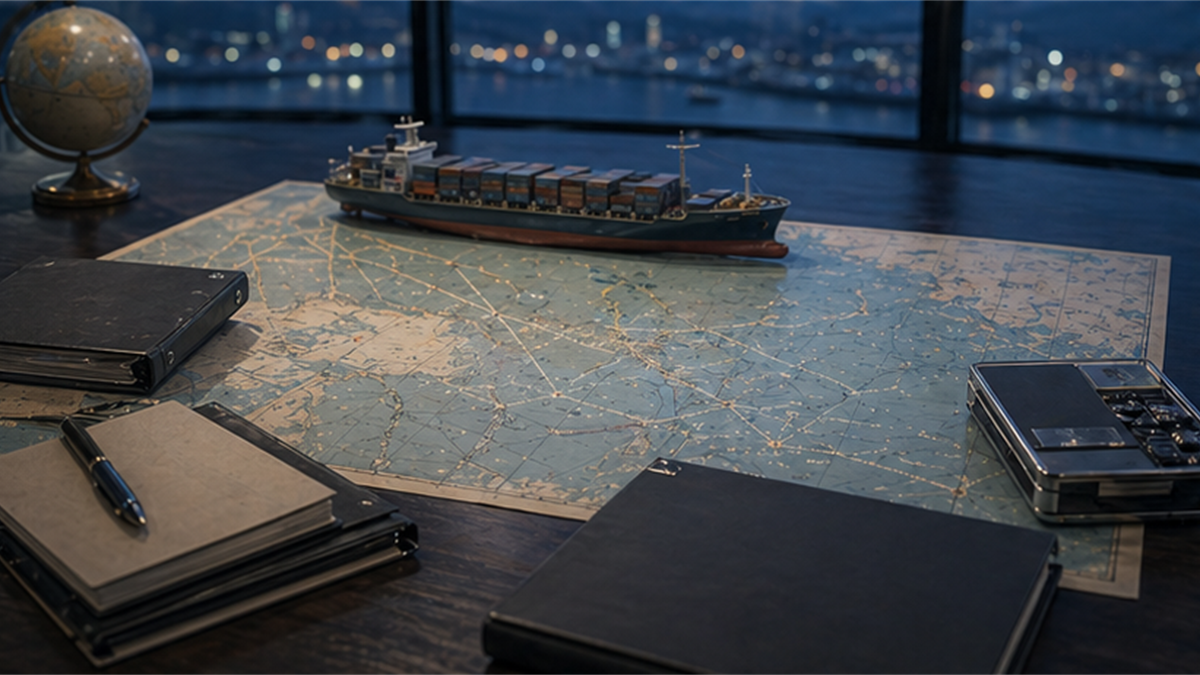 Pacific alliance comparison desk with an unlabeled sea-lane chart, cargo ship model, and closed folders