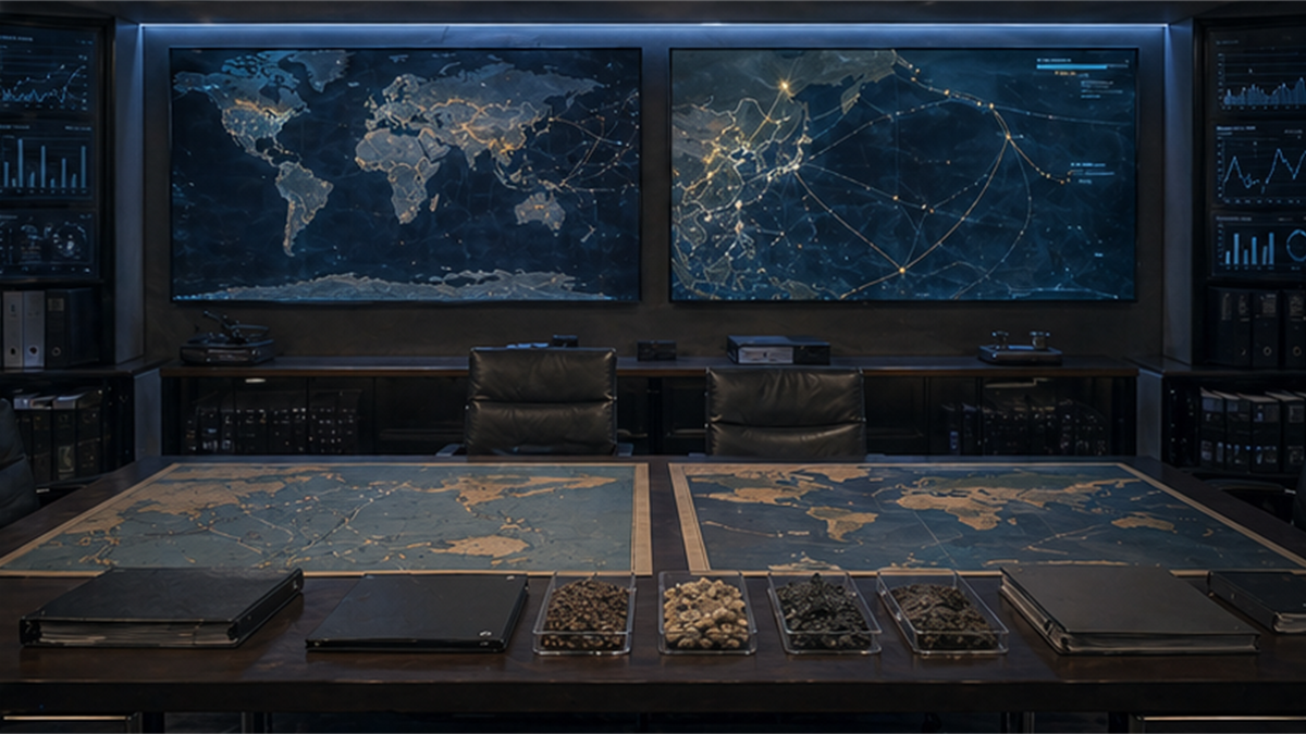 Modern strategic analysis room with unlabeled Atlantic and Pacific maps, closed binders, and material samples
