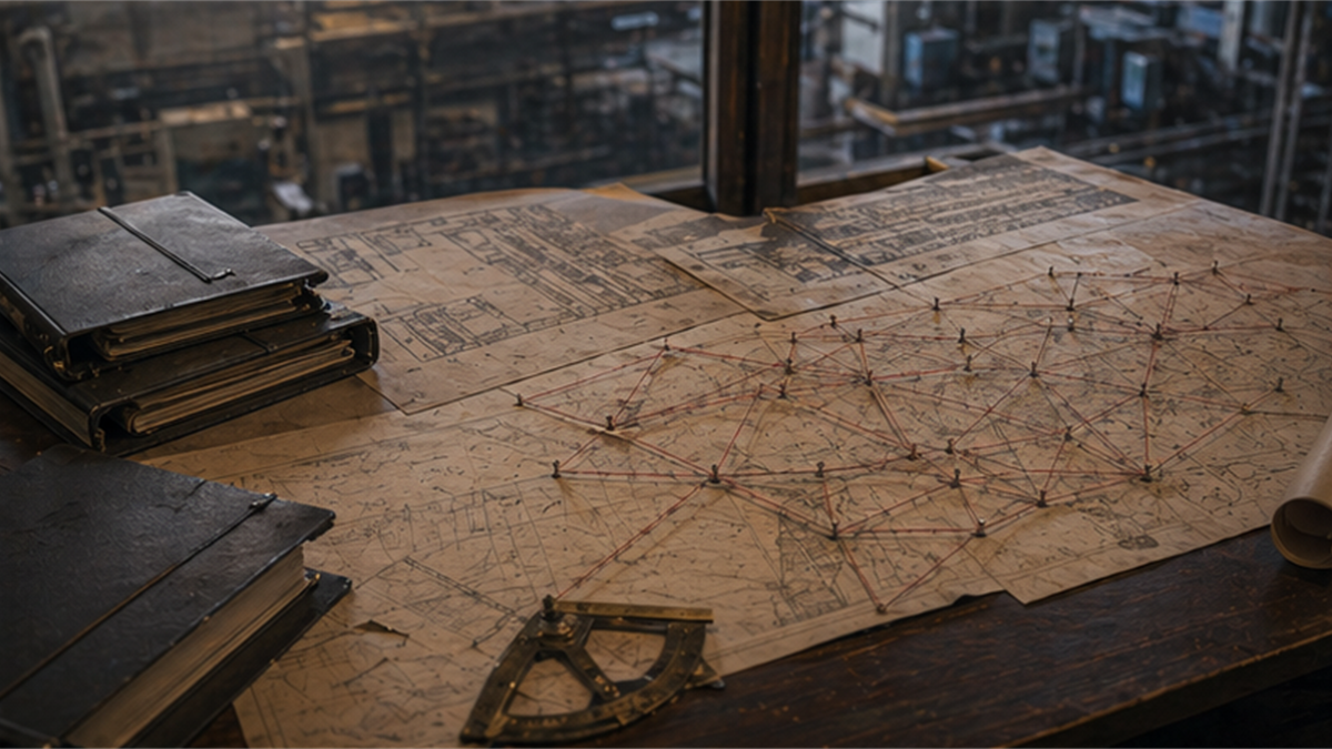 Early industrial strategy archive with railway route strings, blurred blueprints, and closed folders