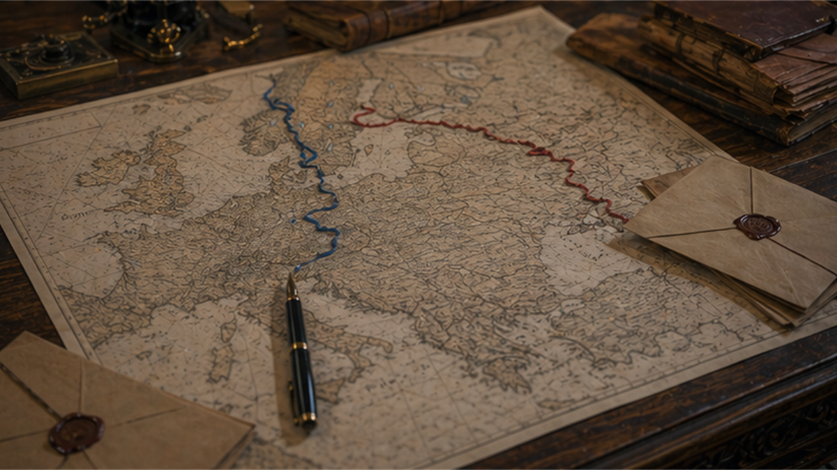 Diplomatic strategy table with an unlabeled Europe map, opposing route lines, sealed letters, and a fountain pen