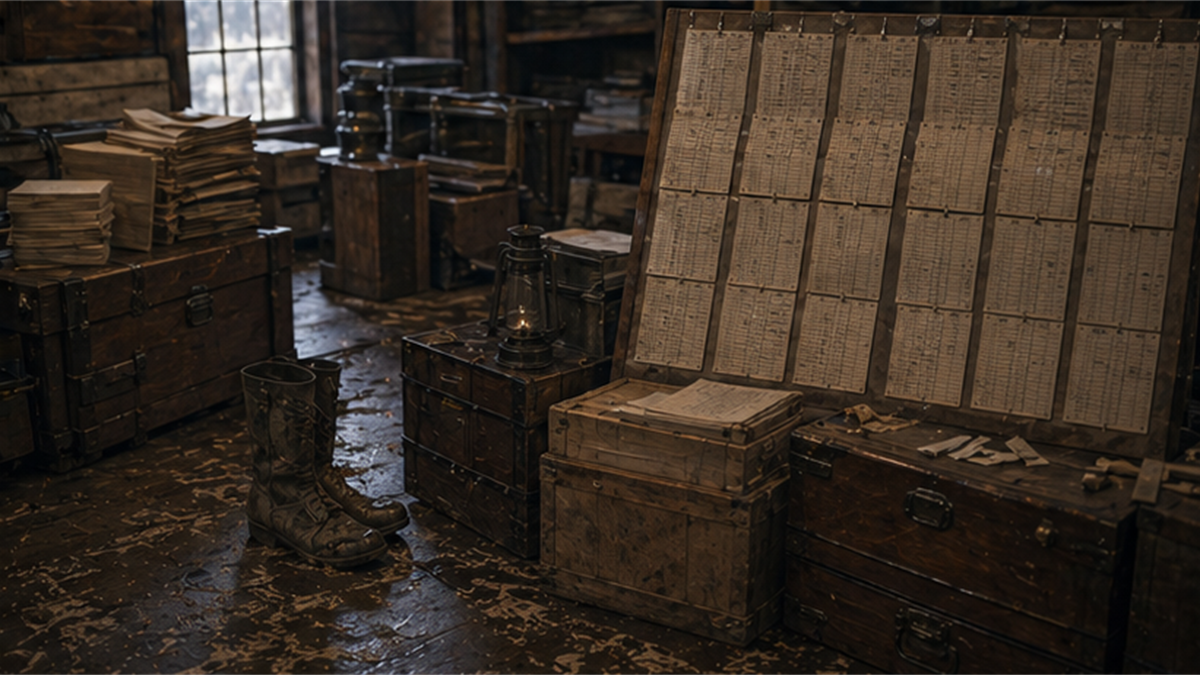 World War I logistics archive with supply crates, turned-away timetables, and muddy boots