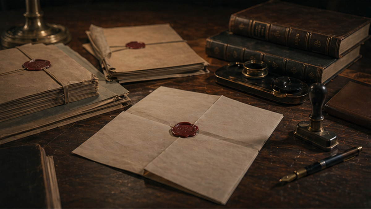 Treaty archive table with sealed folders, wax seals, and a blank folded agreement