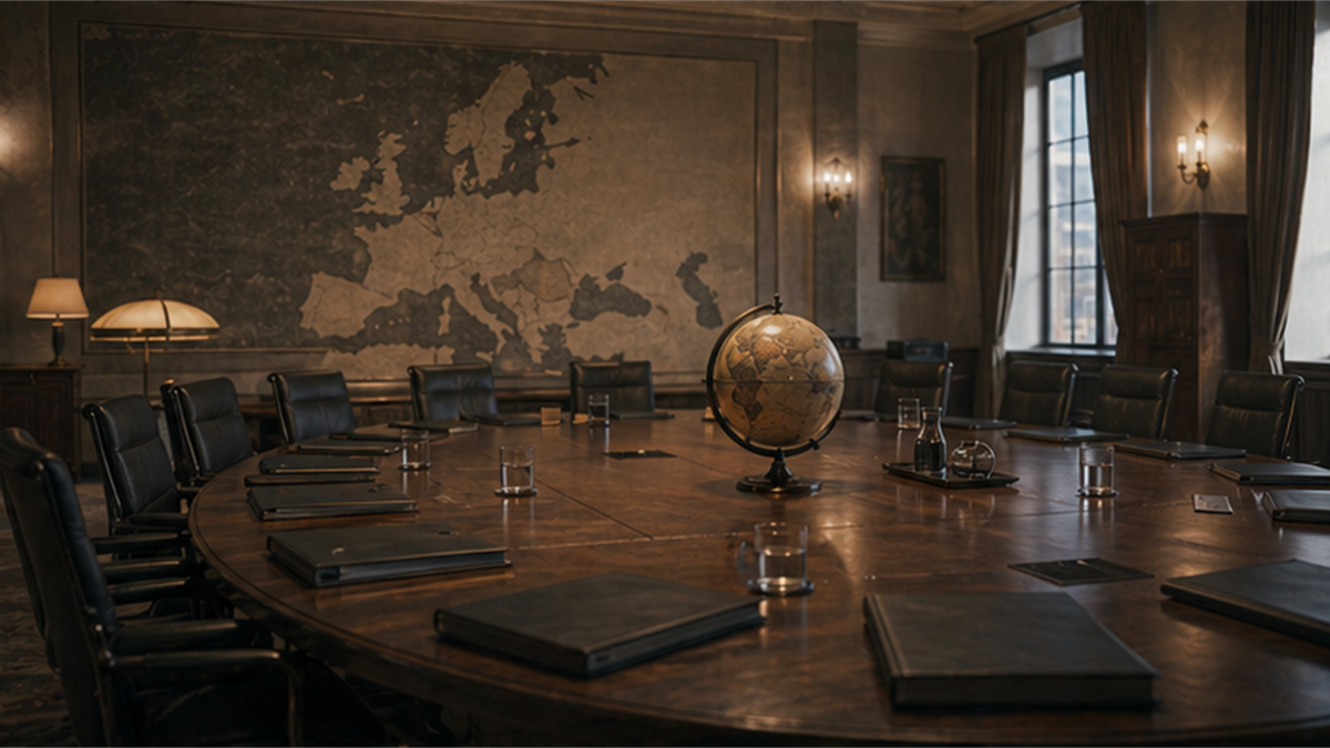 Empty postwar conference room with plain folders, a globe, and muted map silhouettes