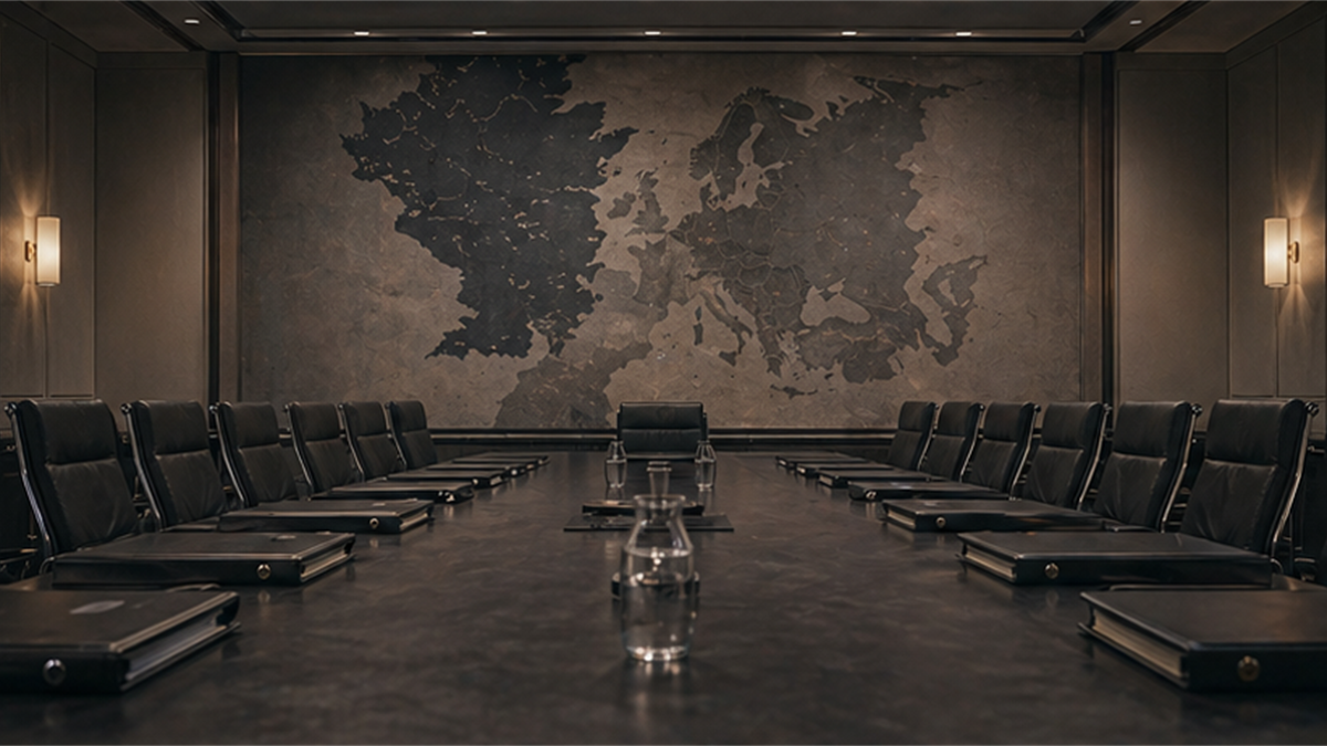 Empty alliance coordination table with equal chairs, closed binders, and an unlabeled Europe map wall