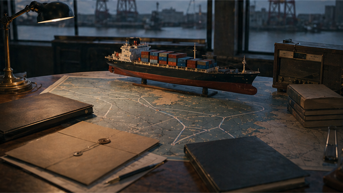Transatlantic logistics desk with a cargo ship model, an unlabeled route chart, and closed folders