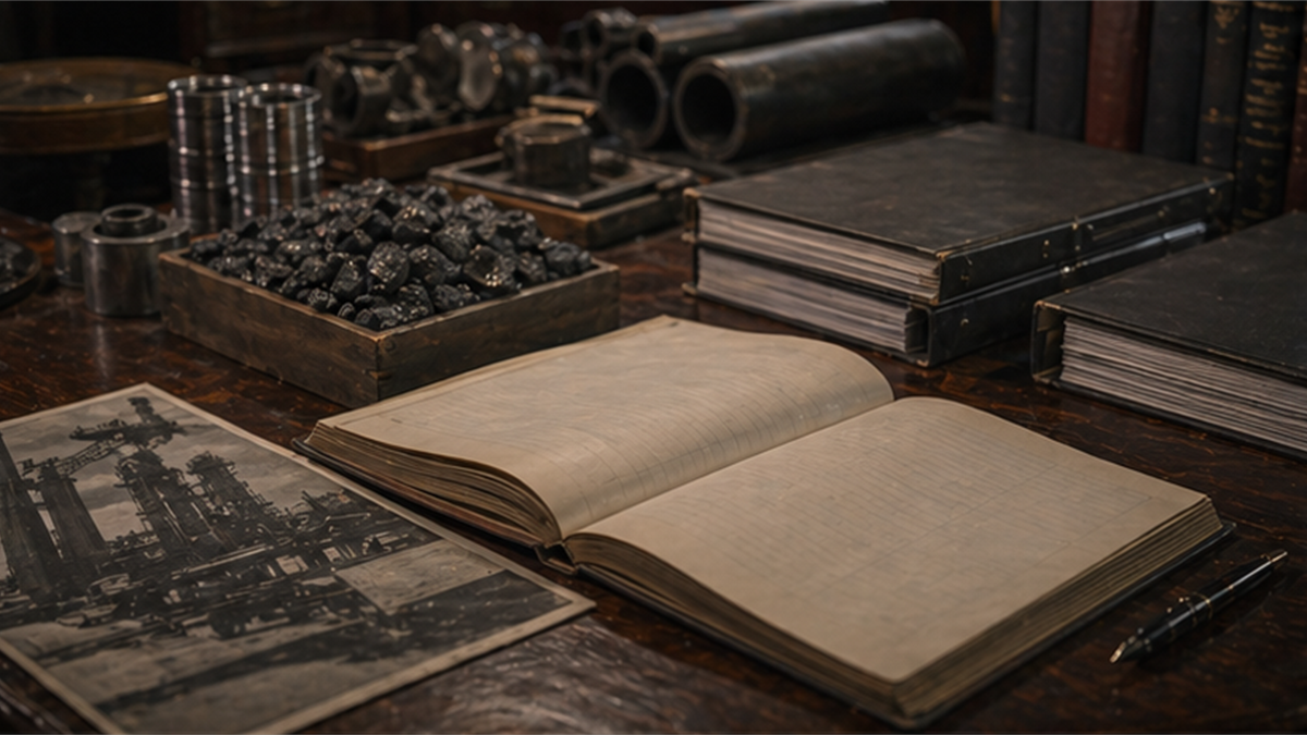 Coal and steel era integration archive desk with industrial samples, blank ledgers, and closed folders