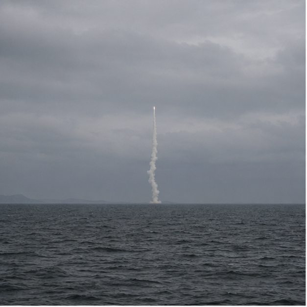 Distant gray sea with faint missile plume
