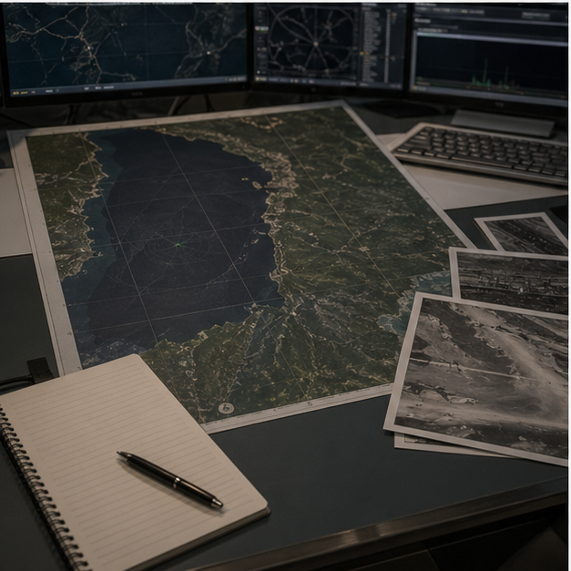 Satellite monitoring desk with unreadable maps