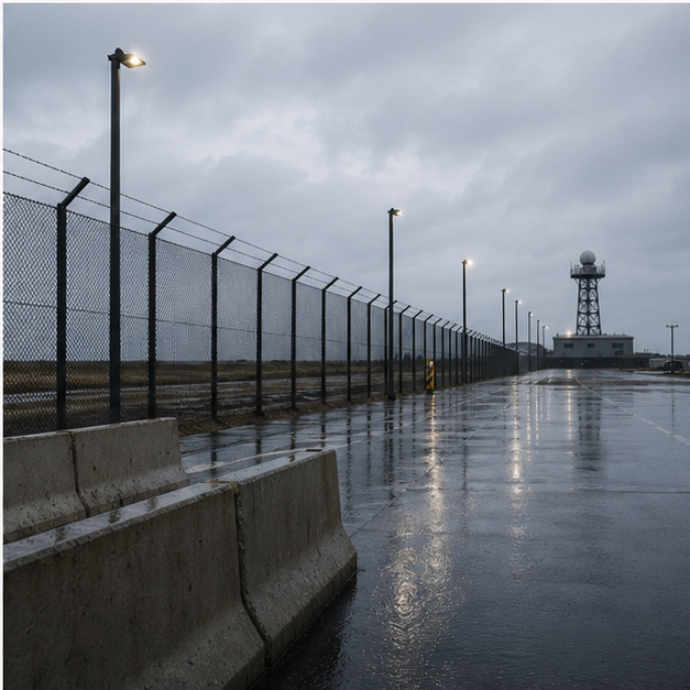 Rainy air defense base perimeter and floodlights