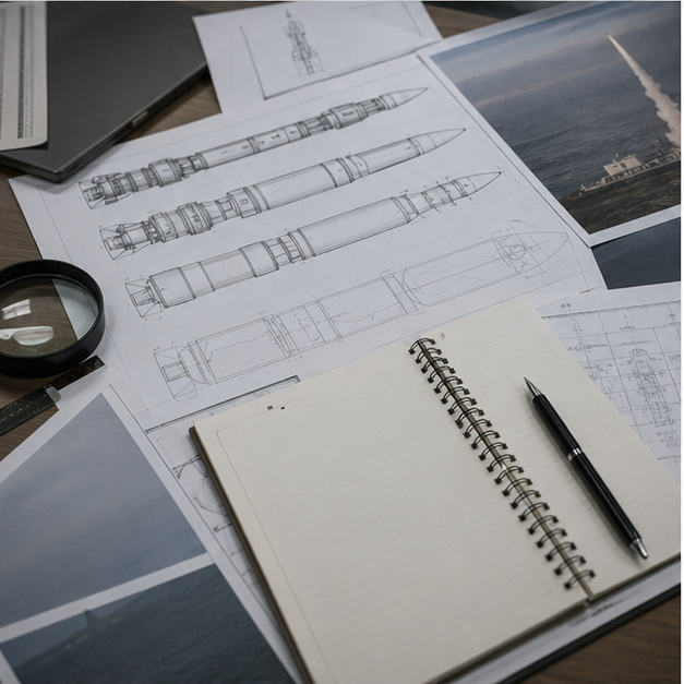 Analysis desk with blank missile stage diagrams