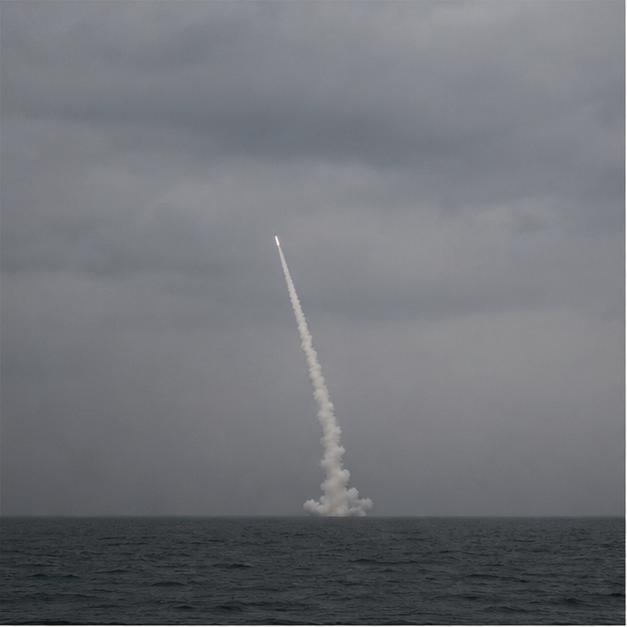 Distant missile plume over a gray sea horizon