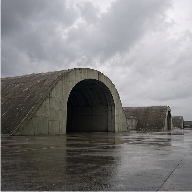 Empty hardened aircraft shelter exterior under overcast sky