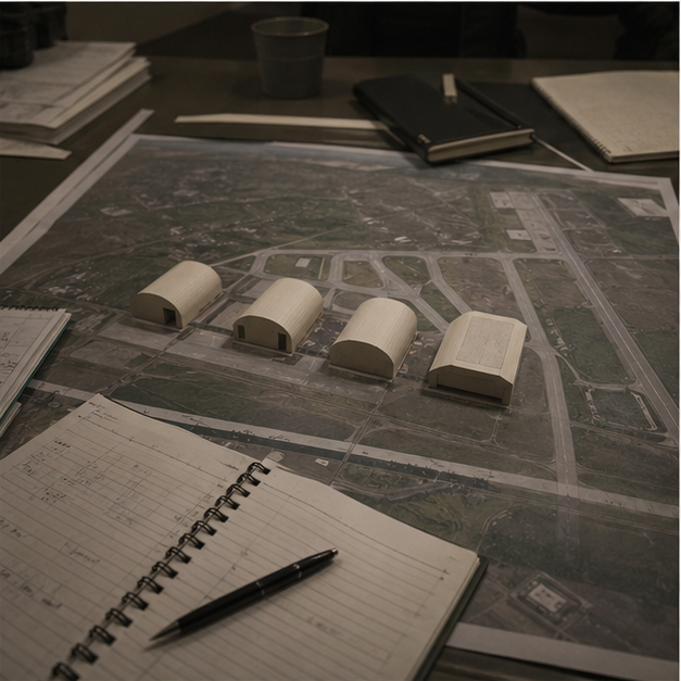 Base protection planning desk with blank diagrams and model shelters