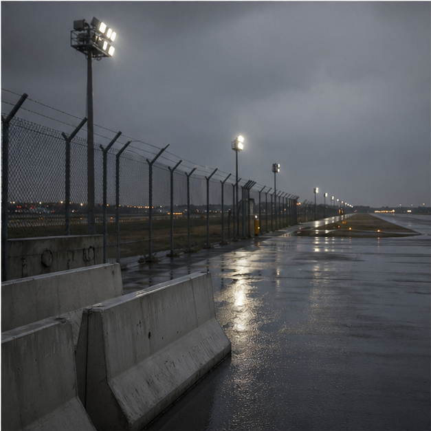 Concrete barriers and runway edge in rain