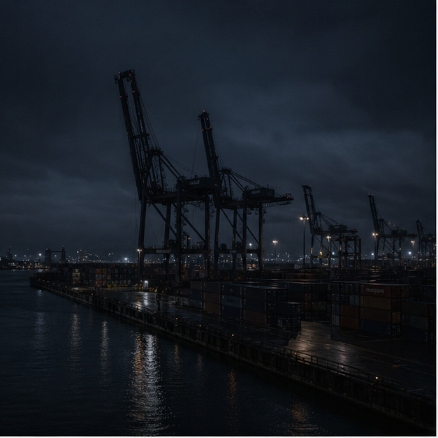 Container port at night under stressed power conditions