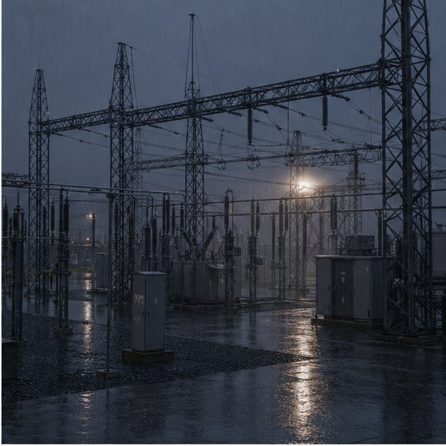 Electrical substation in rain under gray sky