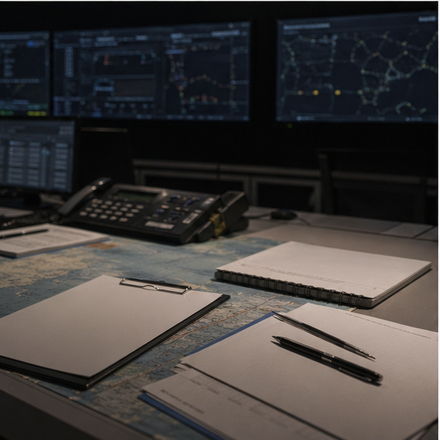Control room desk with blank outage planning sheets