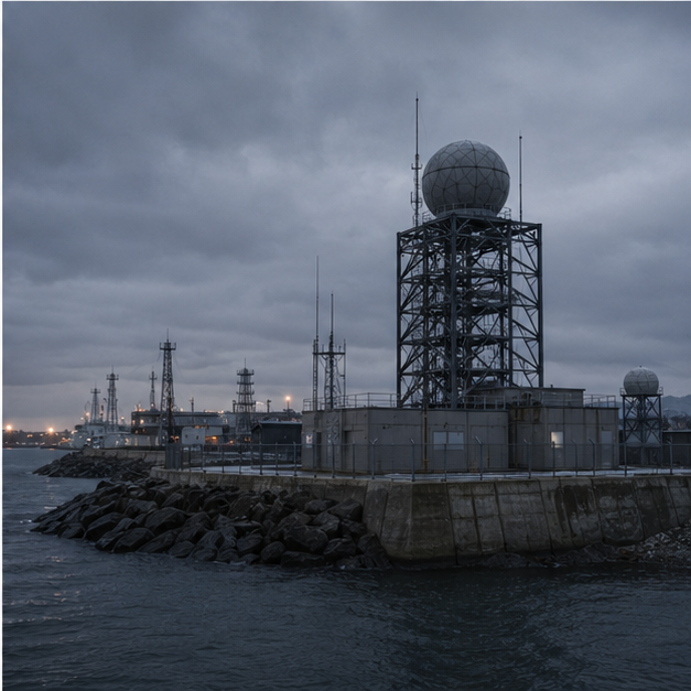 Coastal industrial infrastructure with monitoring equipment