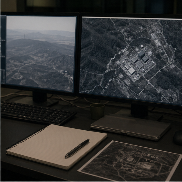 Monitoring desk with abstract satellite imagery and blank notes