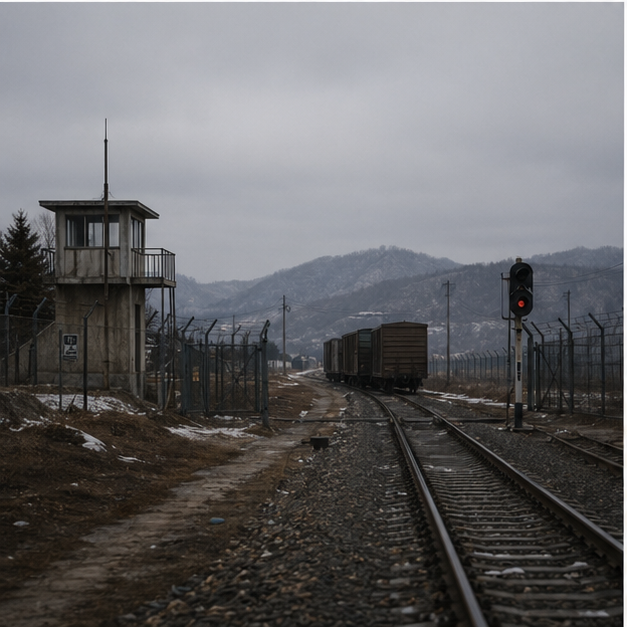 Guarded freight approach under gray sky