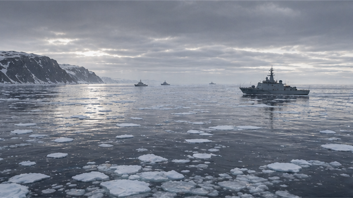 Cold Sea of Okhotsk seascape with ice floes and distant vessel silhouettes