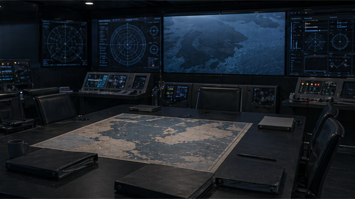 Empty maritime security room with northern sea chart and muted screens