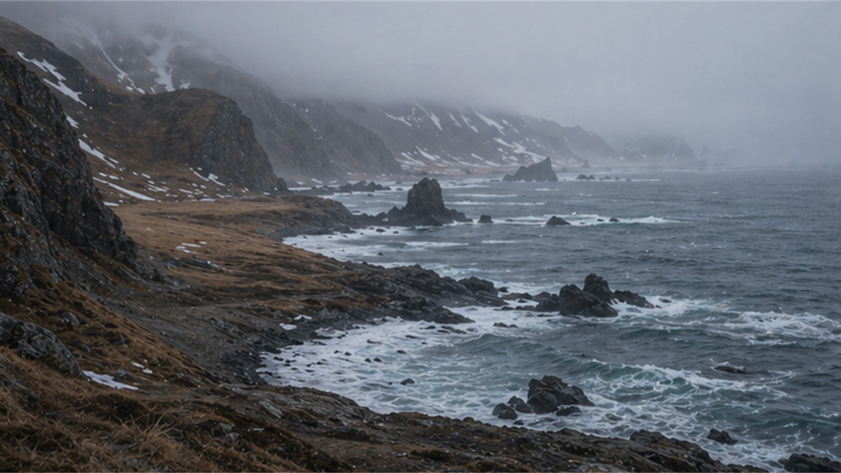 Foggy rocky island coastline suggesting strategic chokepoints