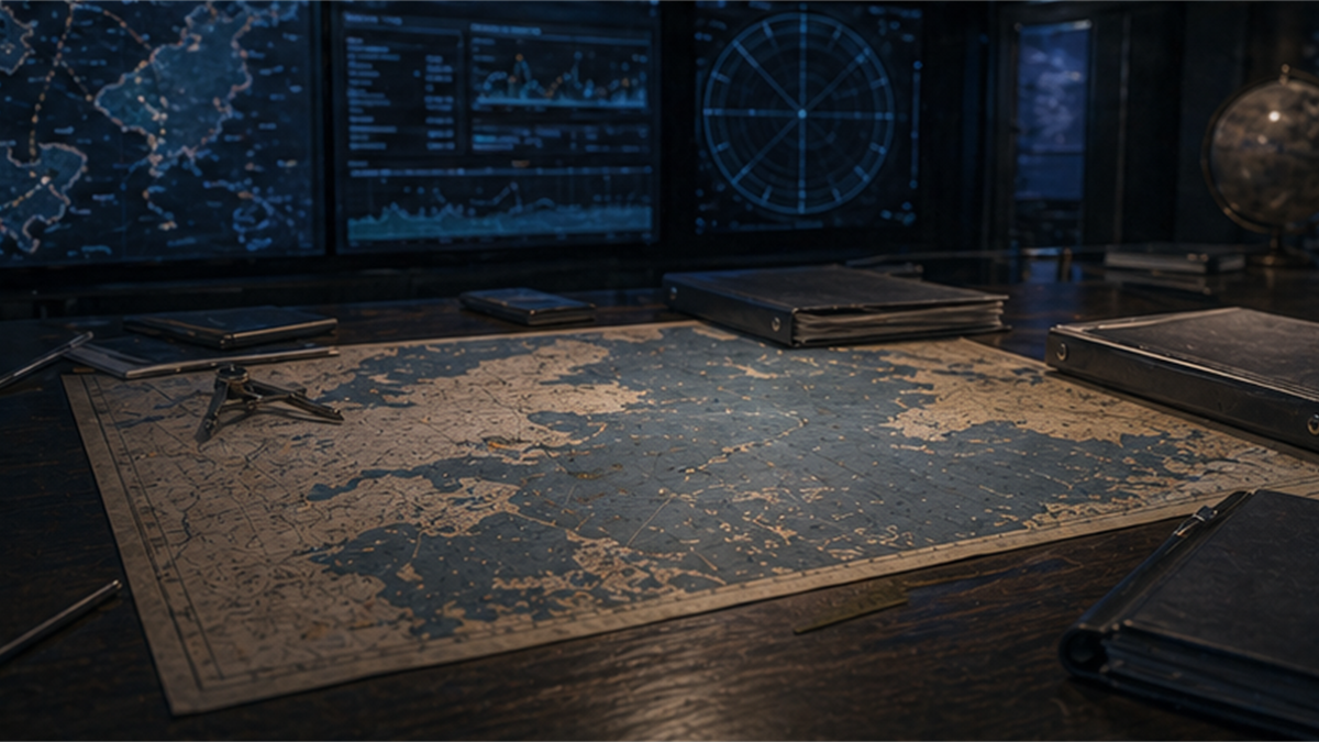 Naval analysis desk with Okhotsk region chart and closed folders