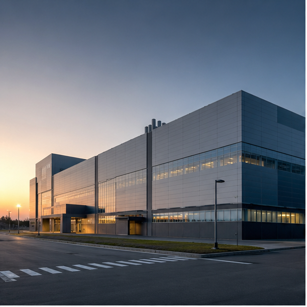 Modern semiconductor fab exterior at dawn with no logos