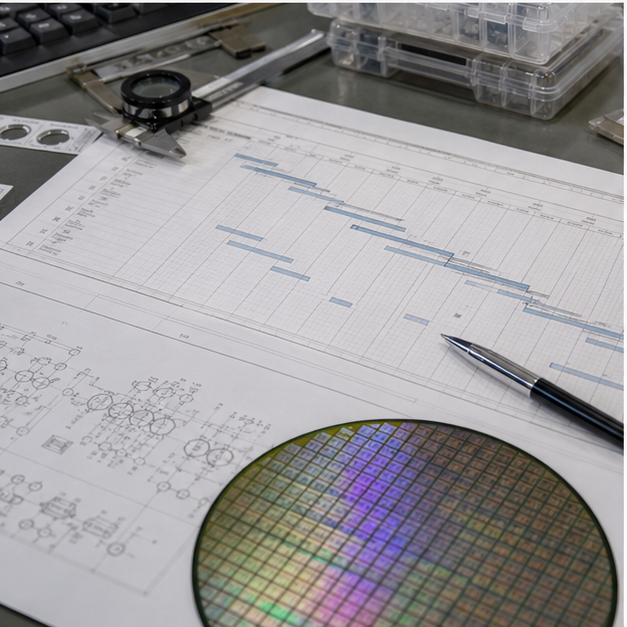 Engineering desk with silicon wafer and blank process sheets