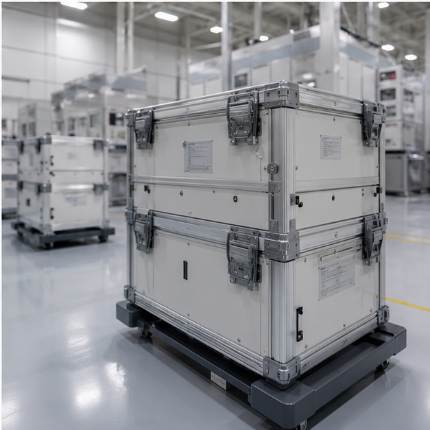 Precision industrial equipment crates in sterile factory bay