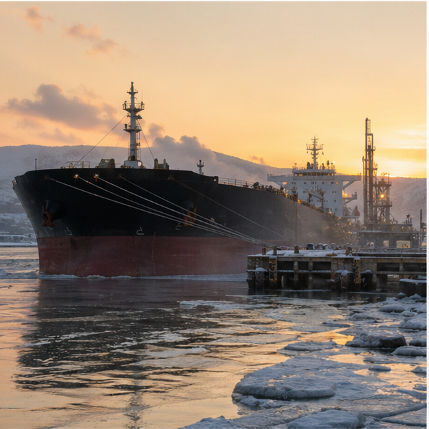 Large oil tanker at dawn in a cold port