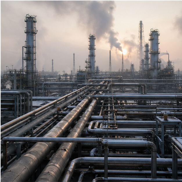 Refinery pipeline maze under winter haze