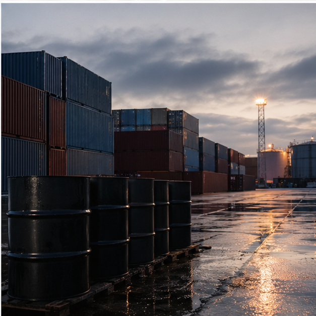 Shipping terminal with containers and oil drums