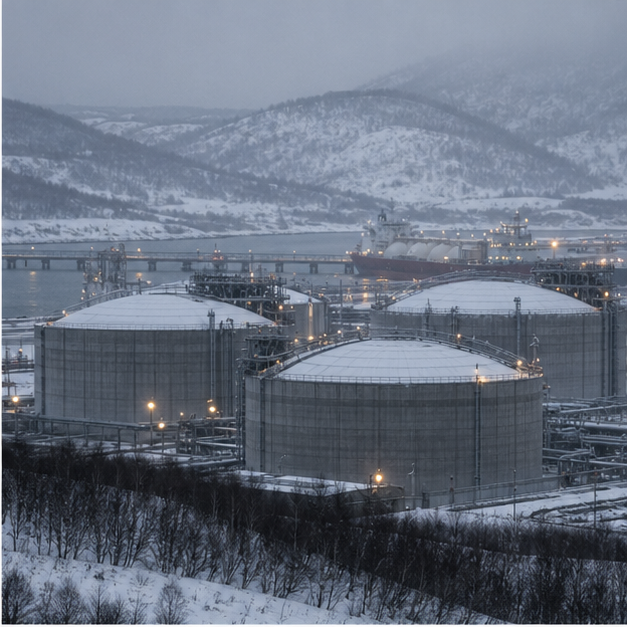 Gas terminal storage tanks in winter haze