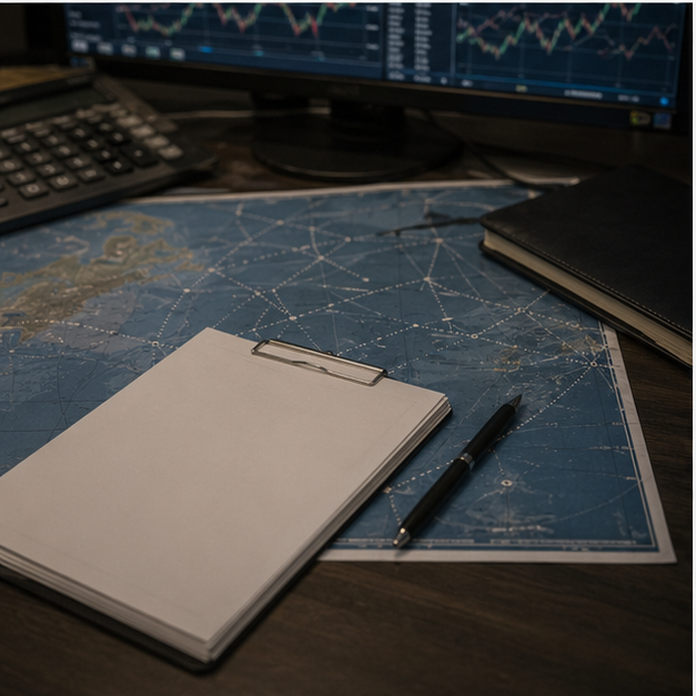 Energy trading desk with blank exemption papers and route map