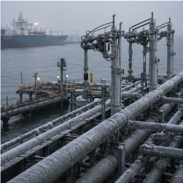 Frosted loading arms and industrial pipes at an LNG port