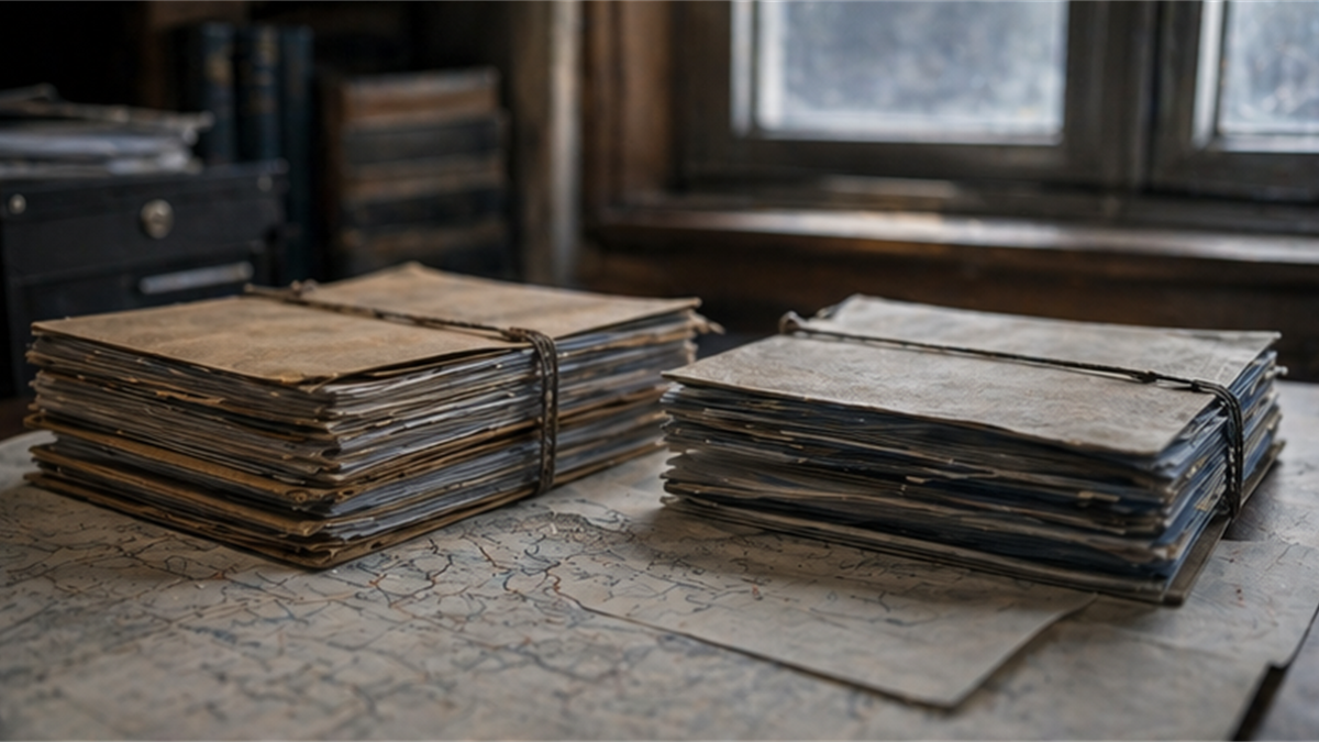 Archive desk with old map papers and two stacks of blank folders