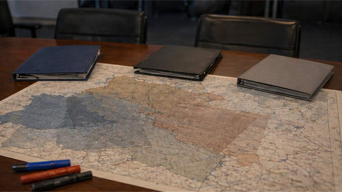 Negotiation table with an unlabeled map, transparent overlays, and closed folders